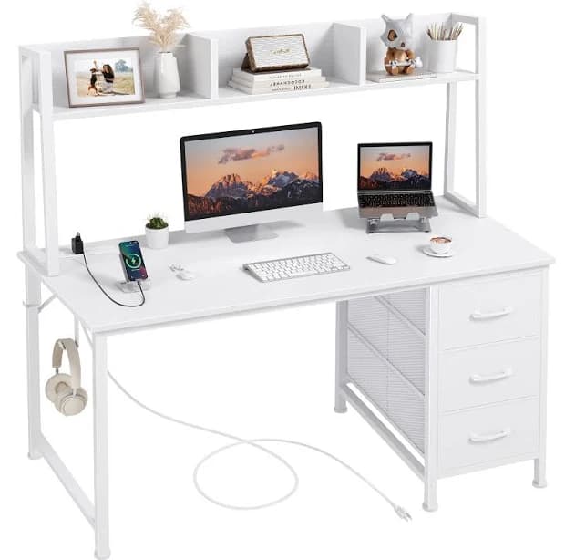 White Computer Desk with Hutch and Drawers