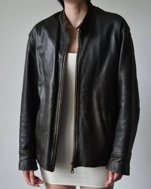 Women's Brown Distressed Oversized Leather Moto Jacket - Baggy Biker