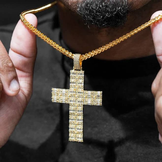 Men's Iced Out VVS Baguette Cross Necklace in Gold