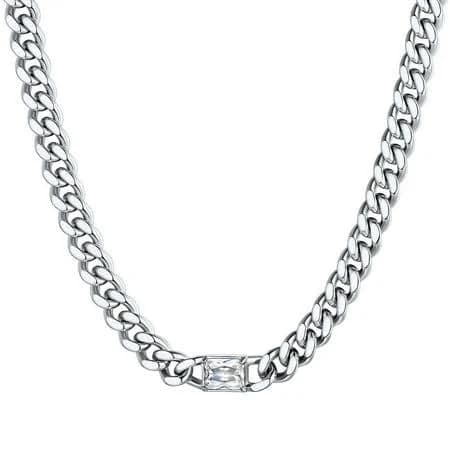 Stainless Steel Cuban Link Chain Necklace with White Created Diamond