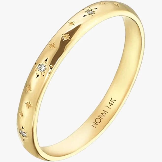 Women's Minimal Star Pave Wedding Band Ring in Real Gold