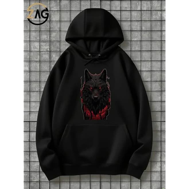 Stylish Black Wolf Graphic Hoodie with Pocket