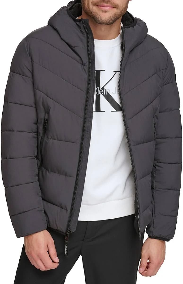 Calvin Klein Men's Chevron Stretch Jacket With Sherpa Lined Hood
