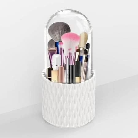 Makeup Brush Holder with Clear Lid, 360 Rotating Make up Organizer 5 Compartments Cosmetics Display Case for Vanity, White