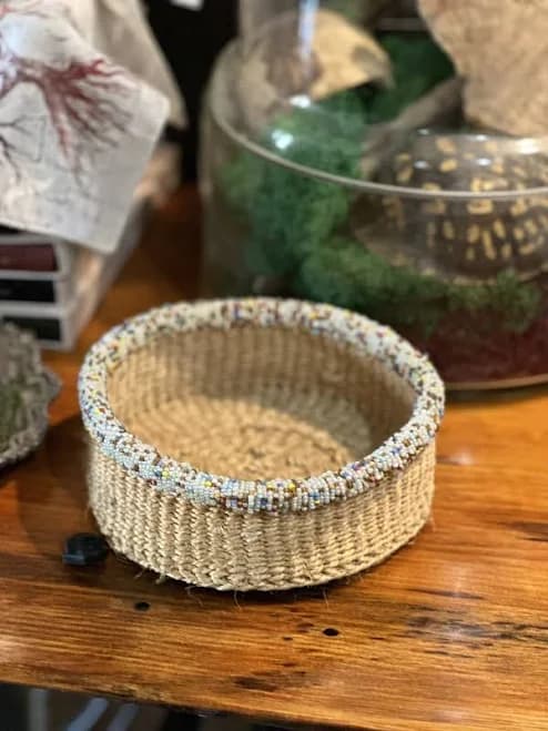 Vintage Round Handwoven Basket Multi Colored Beaded Rim 6.5” X 2”
