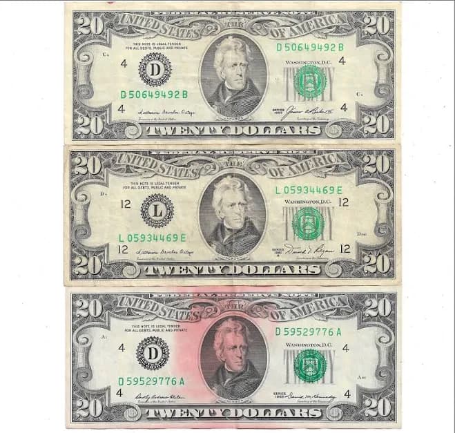(3) Vintage Usa $20 Twenty Dollar Bills Circulated Frn 1985, 1981-a,