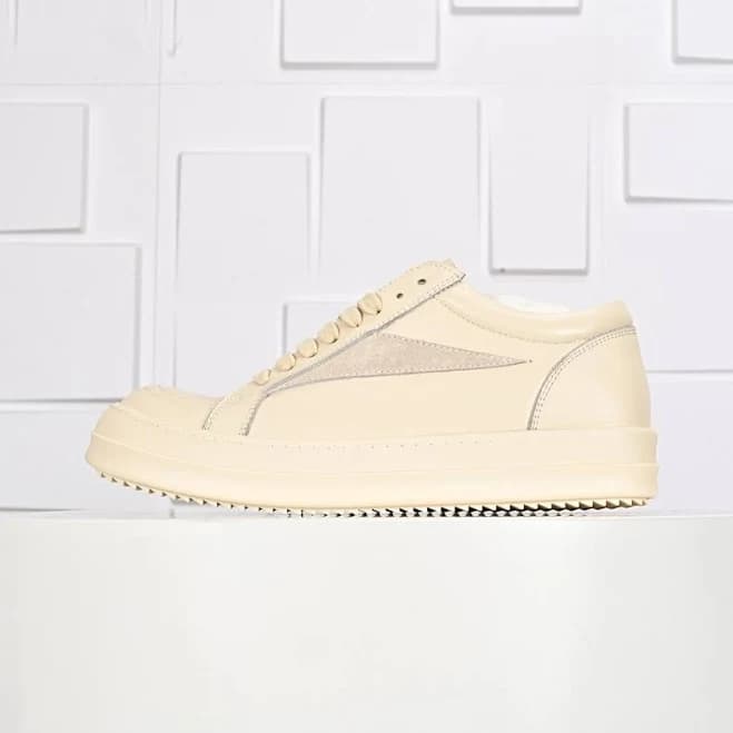 White Canvas Low Top Sneakers With Beige Accents Thick Sole Casual