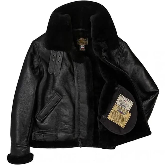 Men's Black Leather Bomber Jacket | Black Shearling Jacket Regular / Black / 50