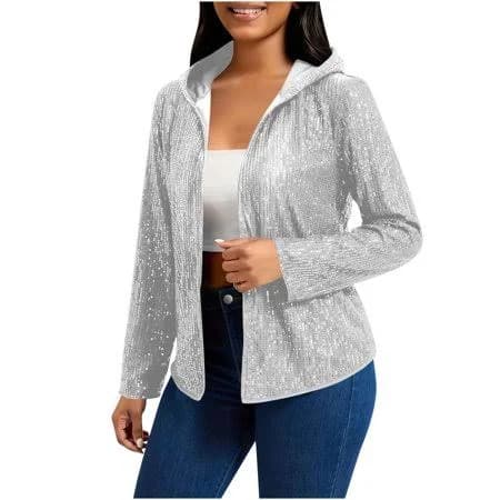 Women's Sparkly Sequin Hooded Zip-Up Jacket