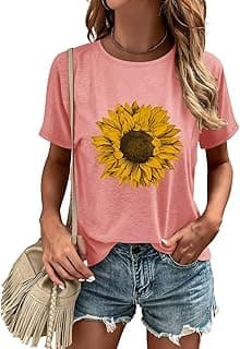 Womens Flower Print T Shirt Graphic Short Sleeve Tees Crewneck Casual Shirts Summer Loose Fit Tops