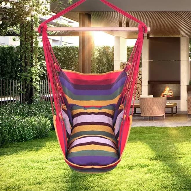 Distinctive Cotton Canvas Hanging Rope Chair with Pillows - Rainbow