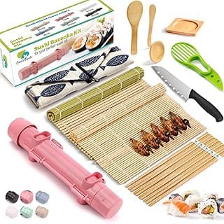 Sushi Making Kit For Beginners - 22 Piece DIY Sushi Roller Kit with Bamboo Sushi Rolling Mat, Sushi Bazooka, Chef's Knife, Chopsticks, Holder - Best Starter Sushi Kit (Pink)