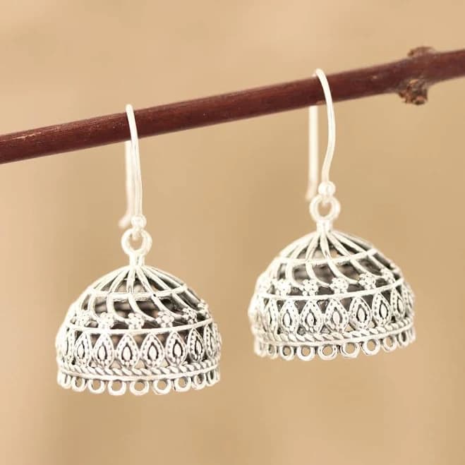 Sterling Silver Intricate Jhumki Openwork Earrings