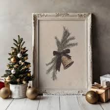 Rustic Christmas Bell With Pine and Brown Bow Ribbon Vintage Style Printable Wall Art Digital Download Holiday Decor Warm Beige Artwork Gift - Etsy