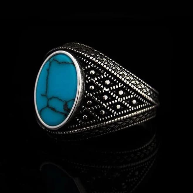 925 Sterling Silver Turquoise Oval Ring for Men