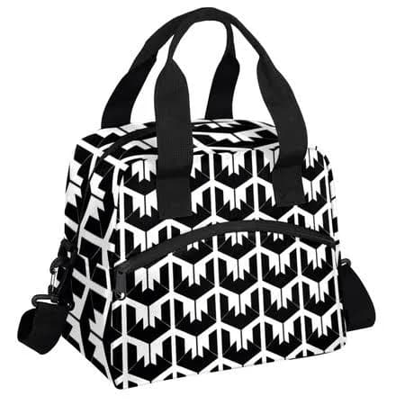 Herdesigns Black White Geometry Insulated Lunch Bag for Women Men Adults Large Reusable Lunch Box Leakproof Cooler Tote Bags with Adjustable Shoulder