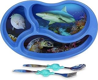 Blue Ocean Me Time Meal Set, Portion Control Divided Plate with Fork and Spoon for Kids