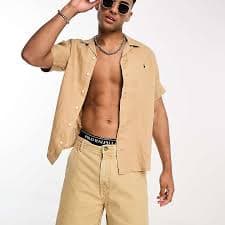 Polo Ralph Lauren icon logo short sleeve revere collar linen shirt classic fit in khaki tan | ASOS
