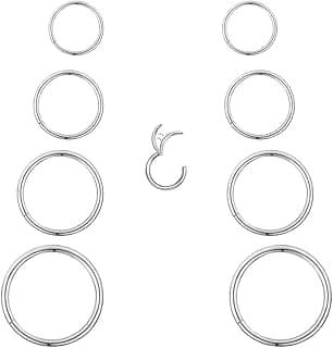 4Pair 8Pcs 16G/18G set Surgical Stainless Steel Septum Hinged Clicker Segment Nose Rings Hoop Helix Cartilage Daith Tragus Sleeper Earrings Body Piercing for Women Men 6mm 8mm 10mm 12mm