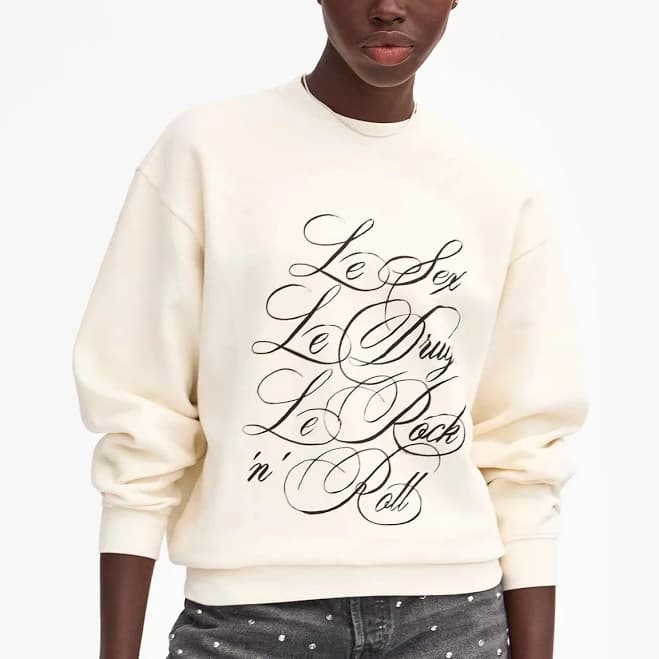 Oversized Sweatshirt, Cream with Black Le Sex Le Drugs Le Rock 'n' Roll XL