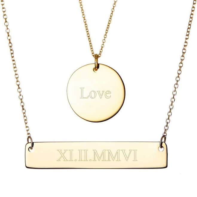 Engraved Gold Bar Necklace and Round Tag Pendant Set