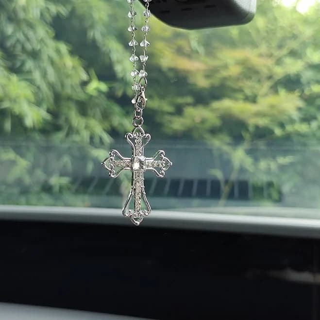 Silver Cross Rear View Mirror Car Hanging, Cross Car Hanging Charms, Car Rearview Mirror Hanging Accessories New Car Protection Gift for Her