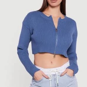 Womens Ribbed Knit Long Sleeve Zip Front Cropped Sweater, Denim, Size S - Rainbow Shops