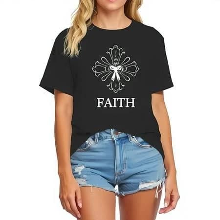 YIDUO Stylish Black Oversized Cotton T-Shirt with White Cross Design and 'faith' Print - Casual Short Sleeve Tee for Summer, Adult Unisex, Size: 2XL