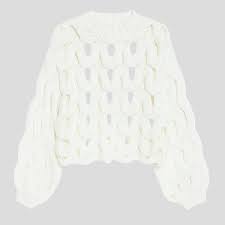 White Cutout Chunky Knit Sweater for Women | Cropped Balloon Sleeve Pullover | Open Weave Designer Wool Jumper | Statement Knitwear by Kouvr Fashion