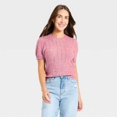 Universal Thread Women's Pointelle Crewneck Short Sleeve Sweater