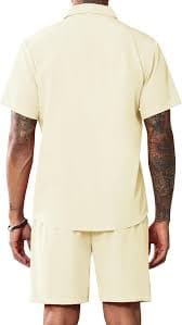 LecGee Men's 2 Piece Short Sets Casual Button Down Shirt and Shorts Solid Color Casual Summer Beach Outfits(BE,S) at Amazon Men's Clothing store