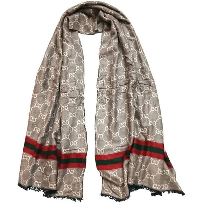 Gucci Accessories | Gucci Beige Monogram Gg Logo Print W/ Green Red Stripe Cashmere Silk Shawl Scarf | Color: Red/Tan | Size: Os | Luxvintagedeals's