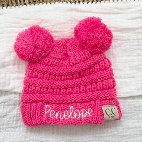Embroidered Baby Infant CC Knit Beanie with Double Pom