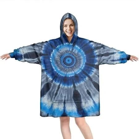 obrewu Blue White Tie Dye Spiral Pattern Wearable Oversized Blanket,Wearable Blanket Hoodie for Adults,Cozy Hooded Blankets with Super Pockets,Super
