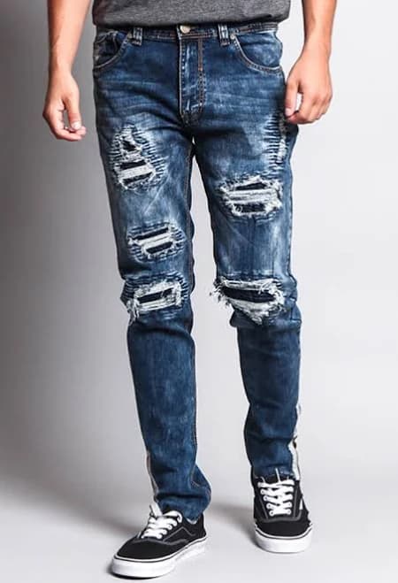 Destroyed Rip Illusion Moto Biker Jeans with Zipper