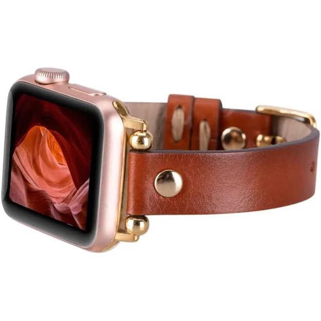Burnished Brown Leather Ultra Slim Apple Watch Band with Gold Rivet
