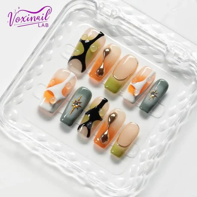 Voxinail Lab | Vivid Flow | Handmade Coffin Press-On Nails | Reusable, Long-Lasting