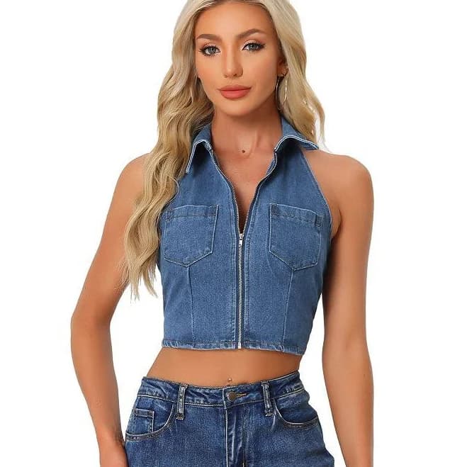 Allegra K Women's Sleeveless Halter Denim Zipper Up Collared