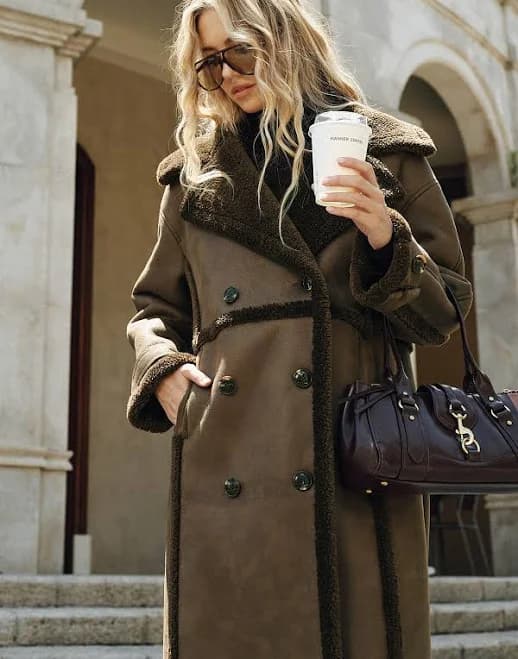 Double-Breasted Fleece Lined Faux Leather Longline Coat