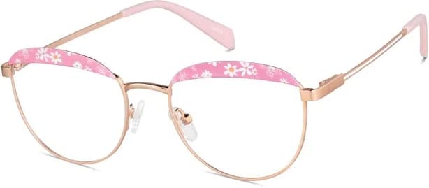 Zenni Women's Round Glasses Pink/rose Gold Stainless Steel Full Rim Frame, Spring Hinges, Nose Pads, Blokz Blue Light Glasses, 3226419