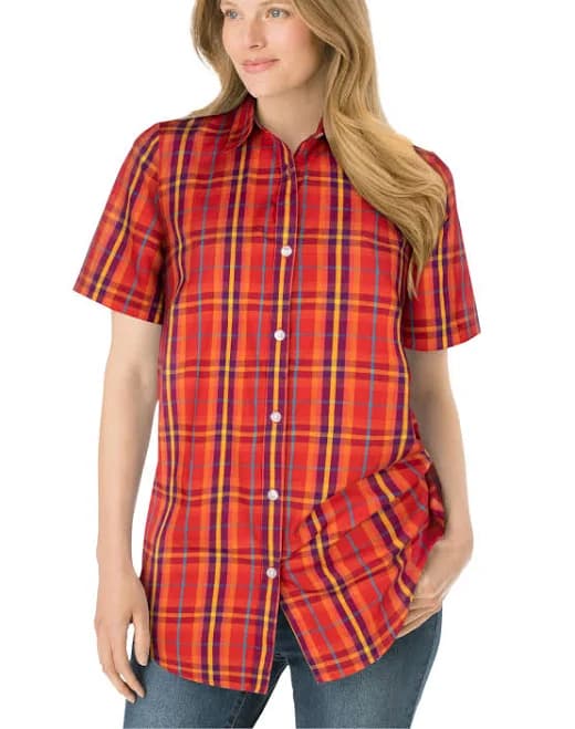 Woman Within Perfect Short Sleeve Plaid Shirt