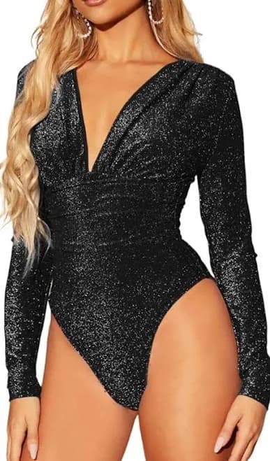 Black Sparkly Long Sleeve Deep V-neck Bodysuit For Women