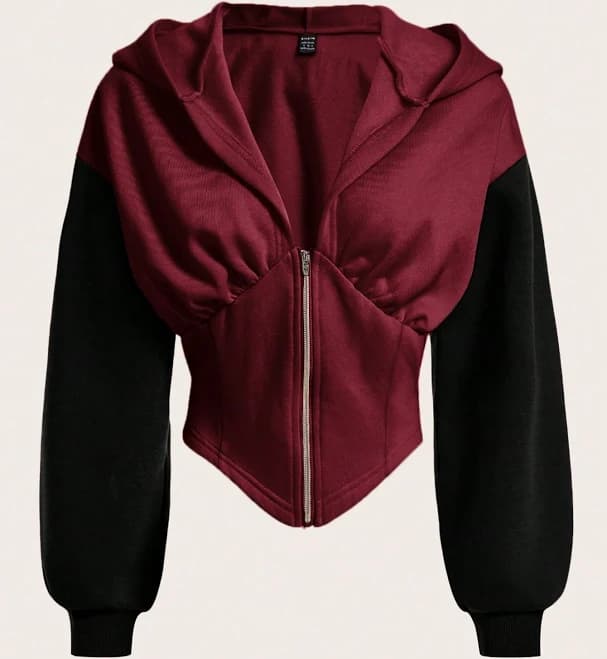 SHEIN Color Block Hooded Sweatshirt with Front Zipper