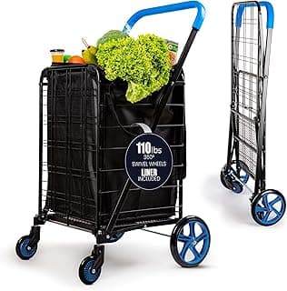 SereneLife Large Folding Utility Shopping Cart with Removable Liner – Heavy Duty, 360° Swivel Wheels, 110 lb Capacity, Portable for Groceries, Laundry, Luggage, and More (Blue)
