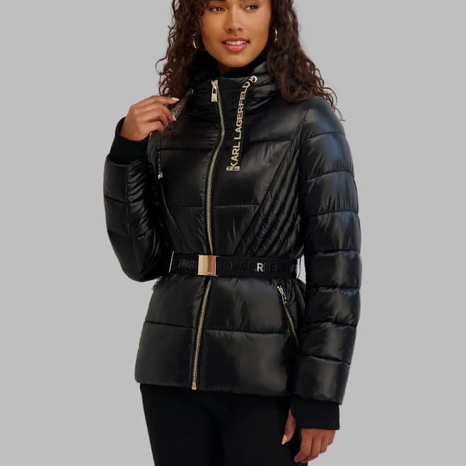 KARL LAGERFELD PARIS Women's Logo Tape Belted Quilted Puffer Jacket