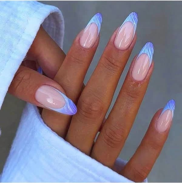 Blue French Tips Press On Nails Medium Almond Ocean Embossed French Tips Beach Ocean Summer Stiletto Acrylic Design Glossy False Nails Women Girls