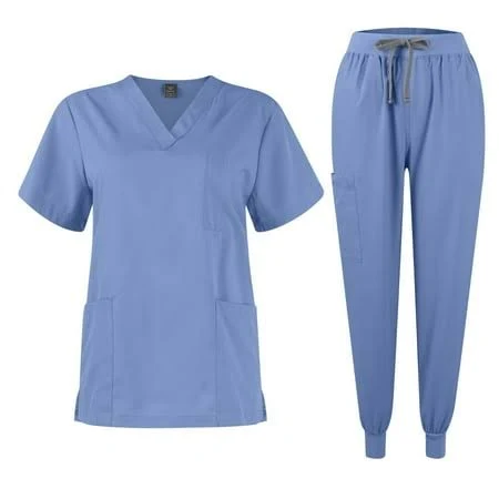 woshimeinv Women Scrubs Sets V-Neck Short Sleeve Solid Color Nursing Uniforms with Pockets