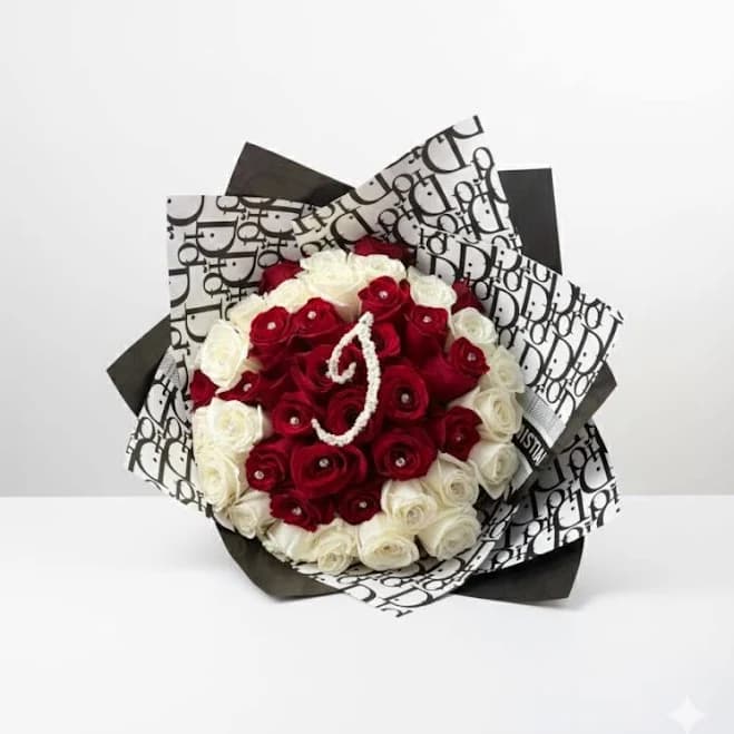 50 Stem Bouquet Red & White with Babies Breath Initial
