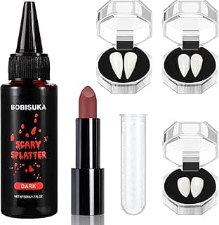 BOBISUKA Halloween Vampire Makeup Kit with Fake Blood, Red Brown Lipstick, 3 Pairs Vampire Teeth, Horror Cosplay Costume Accessories for Halloween, Vampire, Costume Party