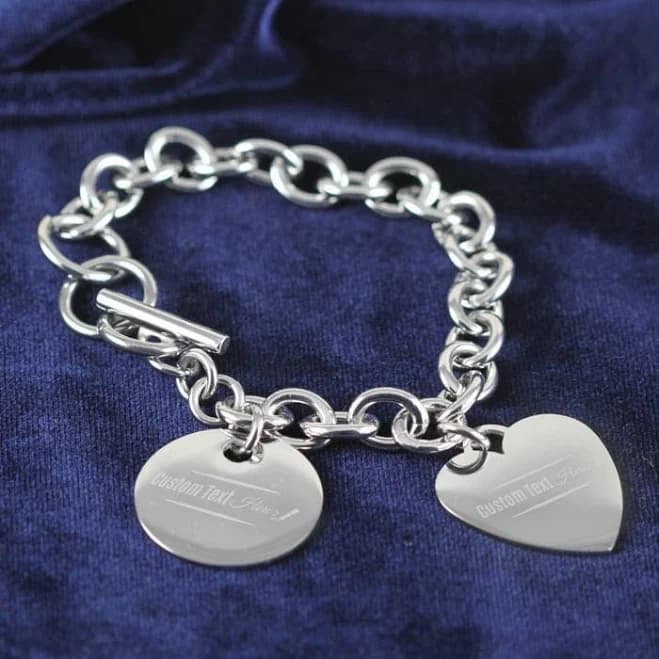 Personalized Engraved Stainless Steel Heart and Disk Charm Bracelet